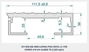 LÁMINA GRUPO 3 PISO MÓVIL ALITE-CARGO 21 + CUÑA AL + JUNQUILLO, d.e.e=112 mm, e=8 mm, L=13.215 mm, Pp=42,7 kg (PERFIL AL 031-008-028 L=13.175 mm)